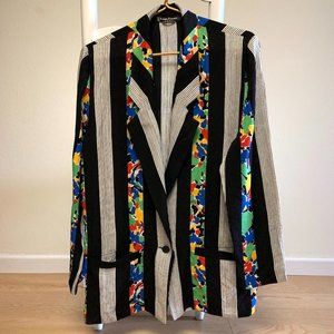 Louis Féraud 80s Striped Abstract Floral Silk 1-Button Jacket Germany Womens 10
